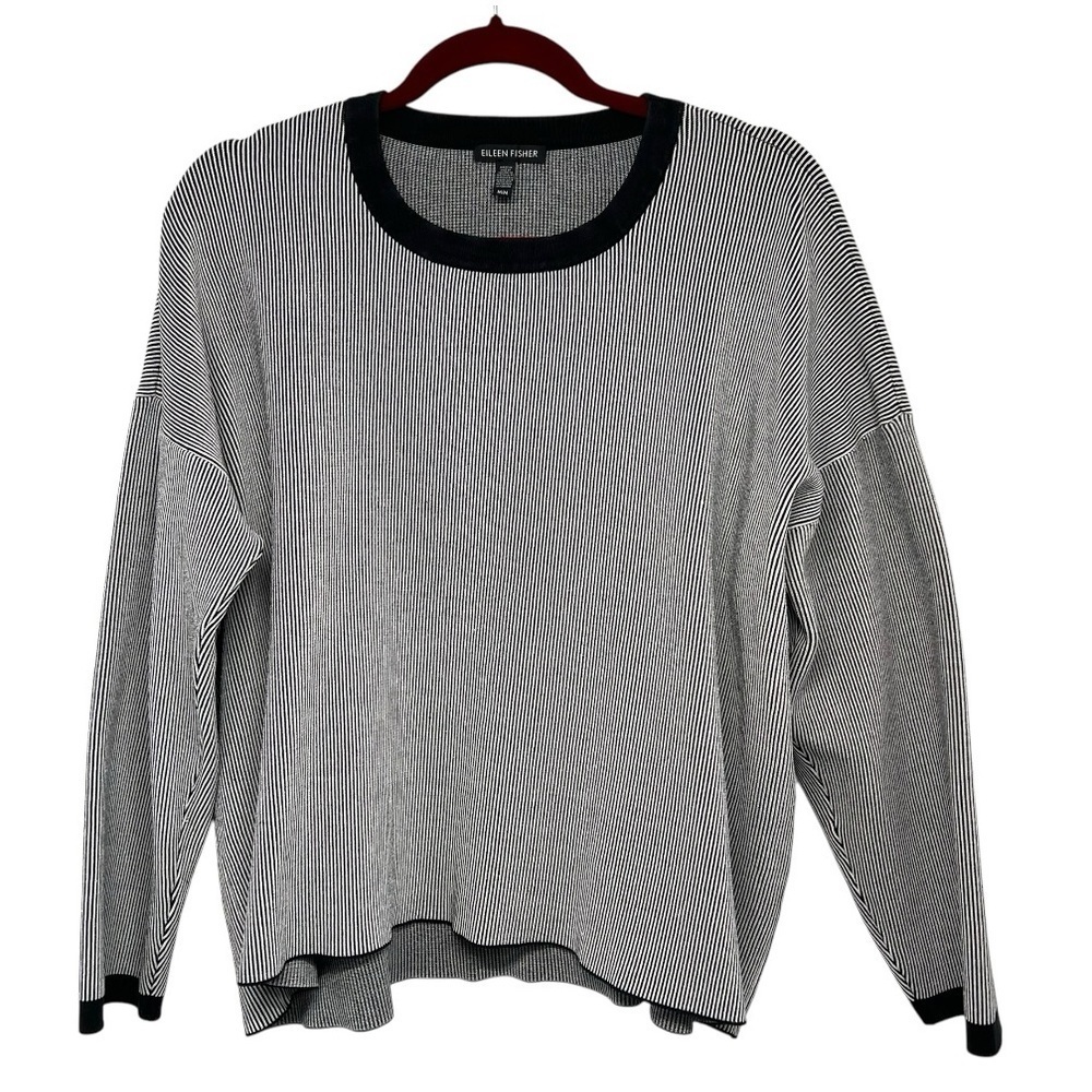 Eileen Fisher Black & White Mens Ringer Crew Neck Oversized Sweater Women Medium - Picture 5 of 10